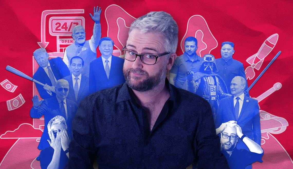 Matt Bevan wears a dark shirt and glasses, he has a dark beard and grey hair. He makes an enquiring expression. There is a red background and behind Matt there is a collage